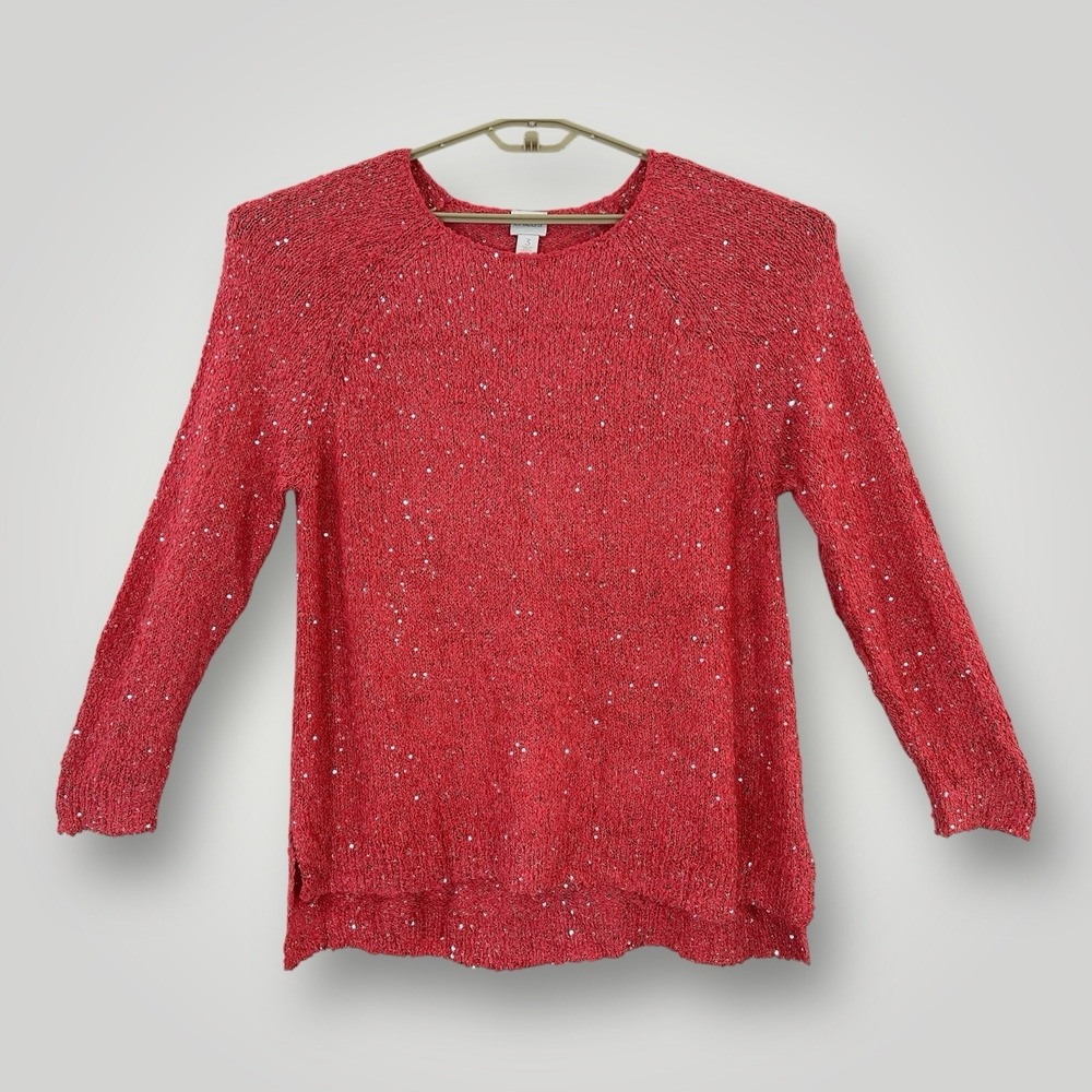 Chico's Orange Sequin Shine Sweater Women's Size XL Knit Sparkles Long Sleeves